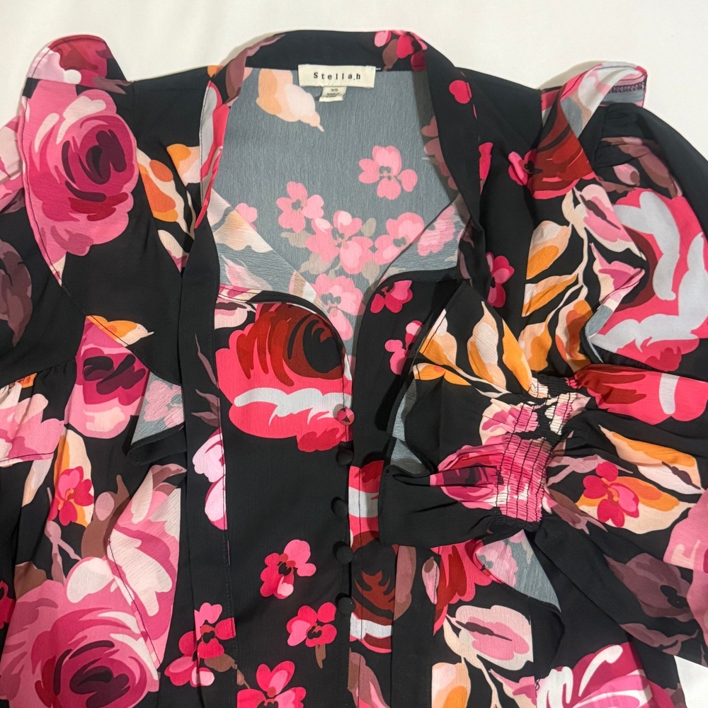 Stella.h Floral Ruffle Button Front‎ Tie Neck Blouse Black Pink XS
